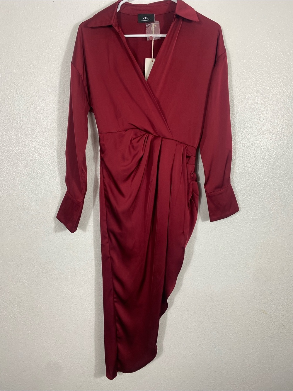 Vici Burgundy Satin Twist-Waist Midi Dress Size Xs - Picture 2 of 16